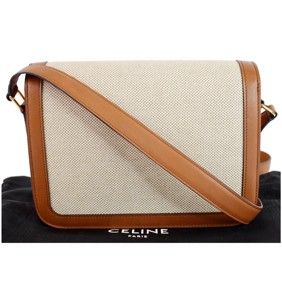 CELINE Triomphe Medium Leather Textile Shoulder Bag White