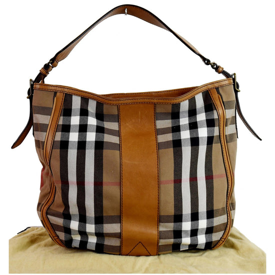 BURBERRY House Check Leather Hobo Bag Brown