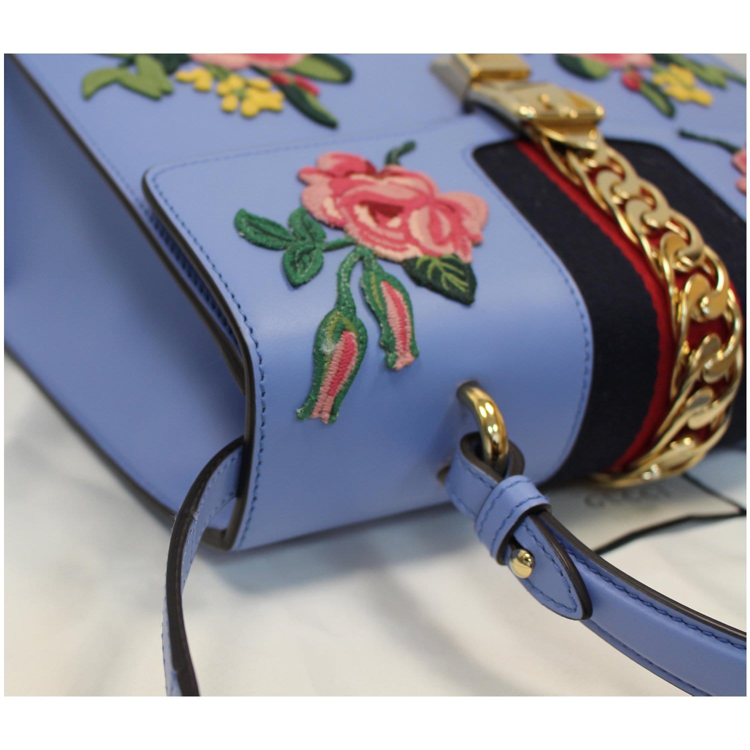 GUCCI Sylvie Embroidered Leather Medium Top Handle Bag Blue 431665 - 1