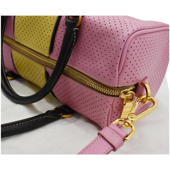 PRADA Bowling Perforated Saffiano Leather Satchel Bag Pink/Yellow