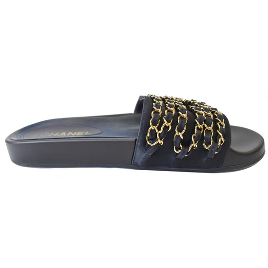 CHANEL Tropiconic Chain Fabric Mules Slides Sandals Black US 8