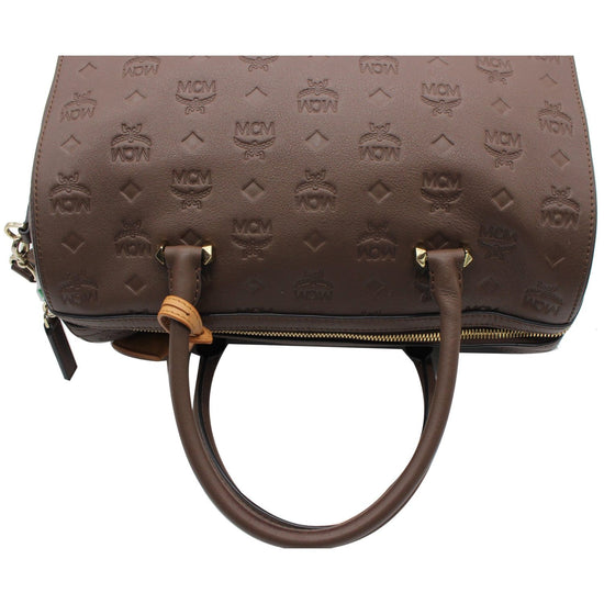 mcm essential boston bag in monogram leather