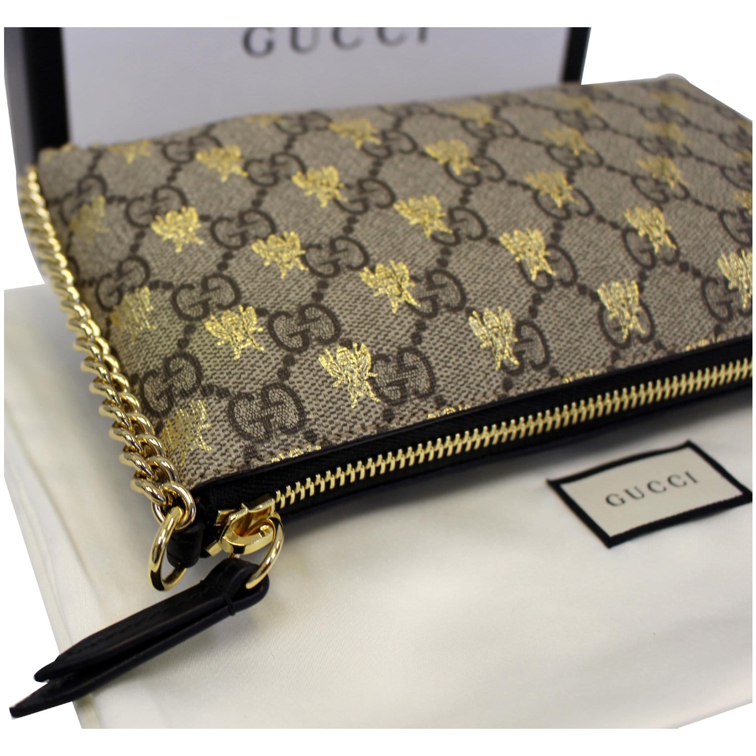 GUCCI Linea Bee GG Supreme Wristlet Handbag Beige/Gold-US