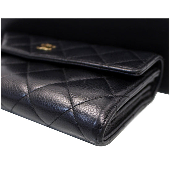 CHANEL Gusset Flap Caviar Leather Wallet Black