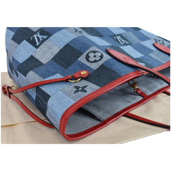 Louis Vuitton Neverfull MM Denim Monogram Check Blue/Red