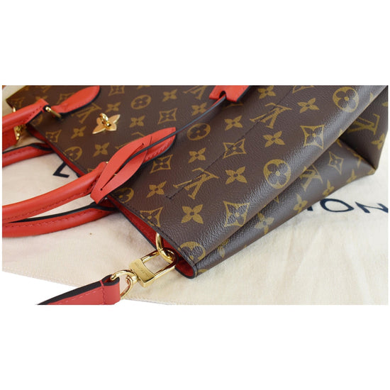 Authentic Louis Vuitton Flower Monogram Tote Red With Strap AH0189