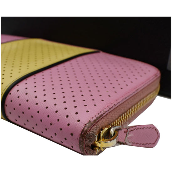 PRADA Bowling Perforated Saffiano Leather Satchel Bag Pink/Yellow