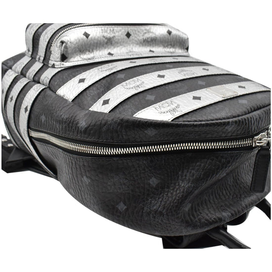 MCM Visetos Striped Medium Sling Backpack Bag Black Silver Men Women Orig  $1075