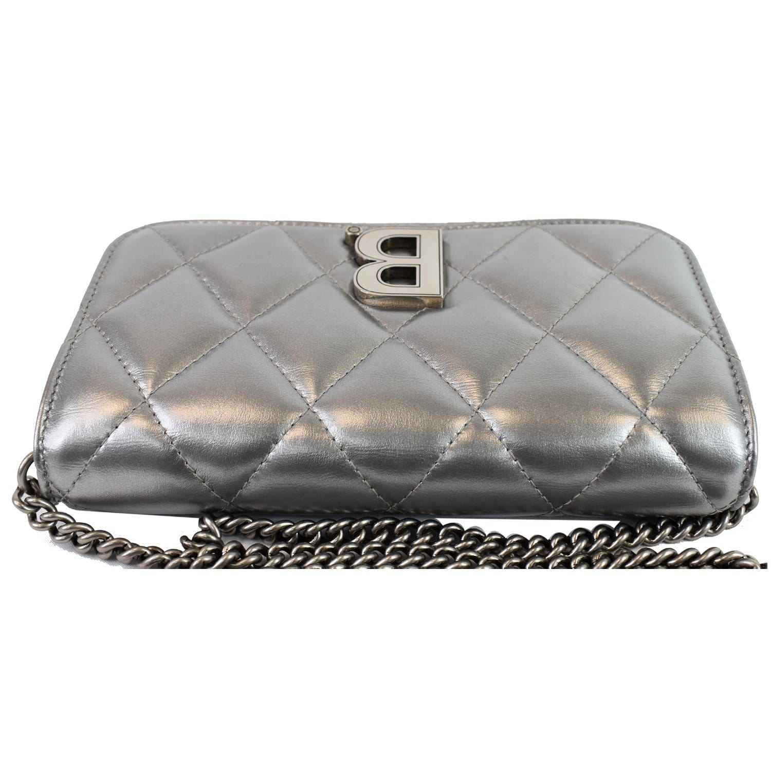 BALENCIAGA B Quilted Leather Wallet On Chain Crossbody Bag Silver