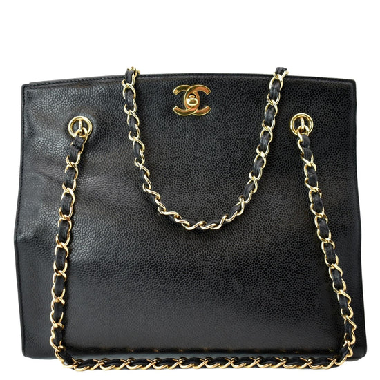 CHANEL Vintage CC Chain Caviar Leather Shopping Tote Bag Black