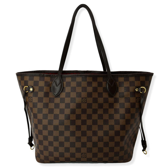 Authentic Louis Vuitton Damier Ebene Canvas Neverfull mm with Red Interior Tote Shoulder Bag