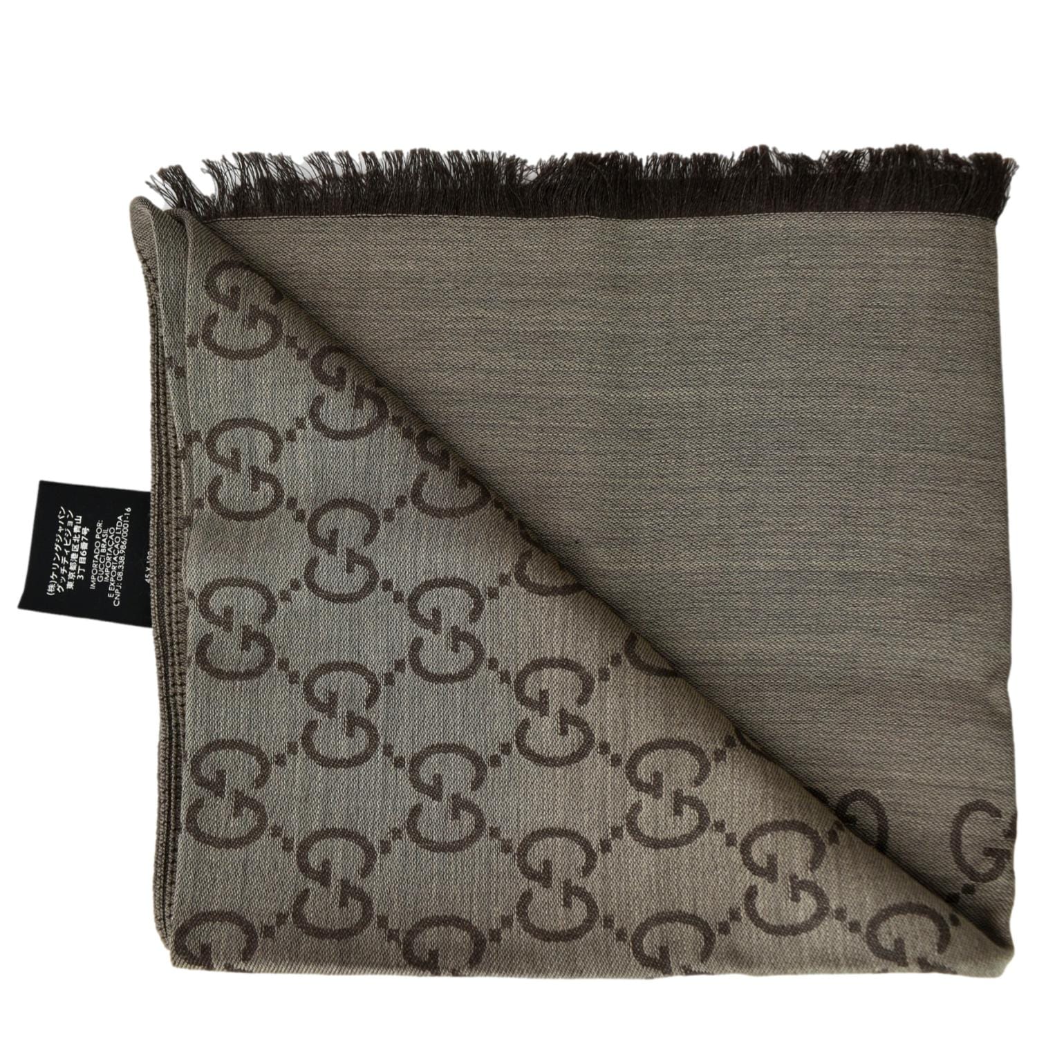 GUCCI Silk Wool GG Jumbo Monogram Scarf Dark Brown Beige 1226543