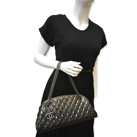 Authentic Chanel Black Patent Quilted Medium Just Mademoiselle Bowling Bag