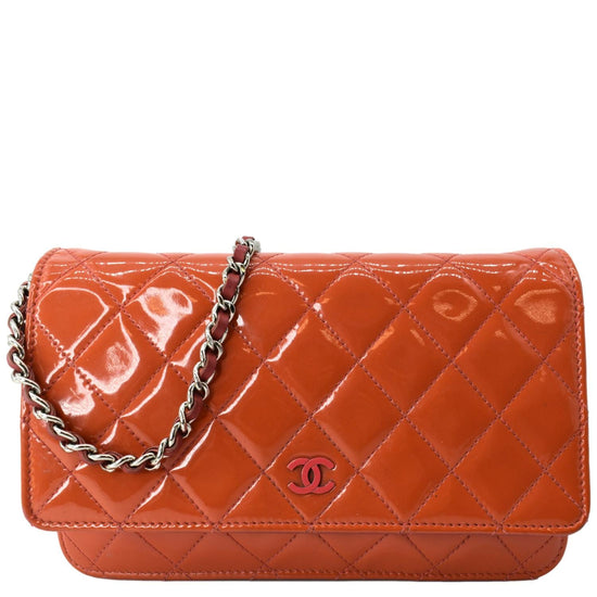 CHANEL WOC Patent Leather Wallet On Chain Clutch Bag Orange