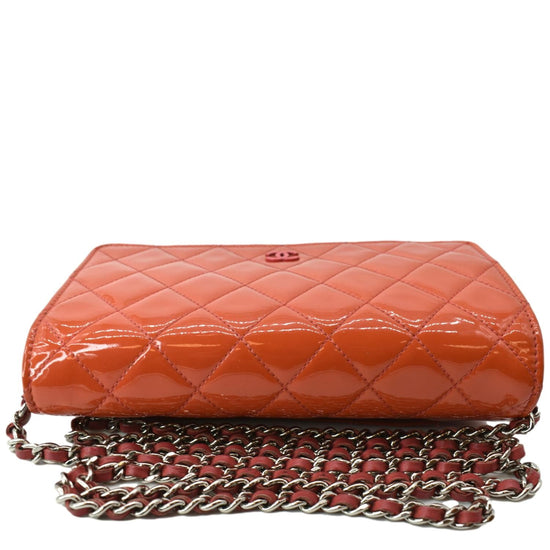 Chanel Orange Patent Quilted Leather WOC Wallet On Chain Silver