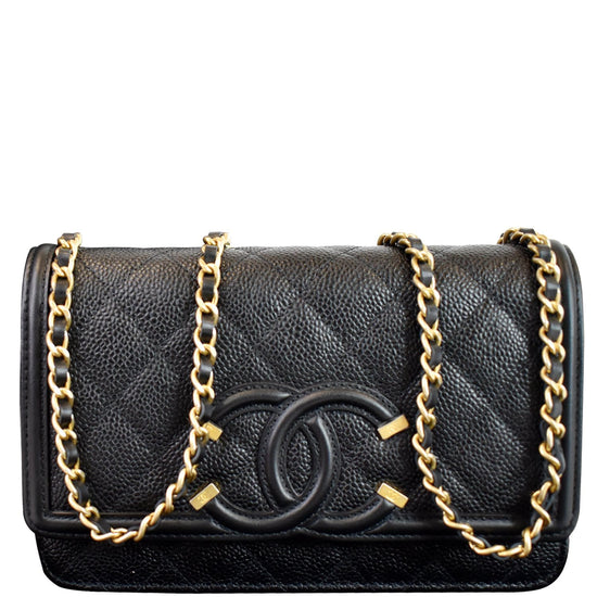 CHANEL, Bags, Chanel Black Caviar Filigree Wallet On Chain W Gold  Hardware Pristine