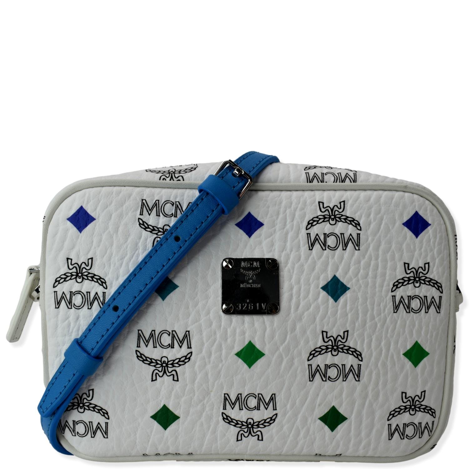MCM Visetos Crossbody Camera Bag Blue/White in Coated Canvas with  Silver-tone - US