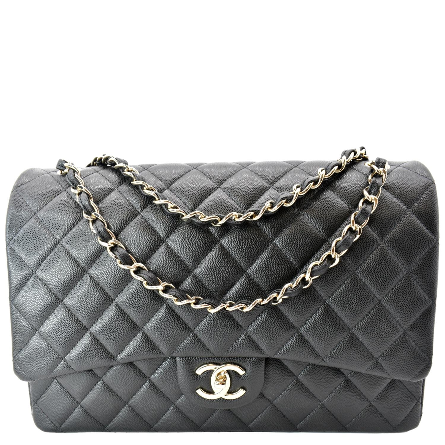 Large classic handbag, Grained calfskin & gold-tone metal, black — Fashion