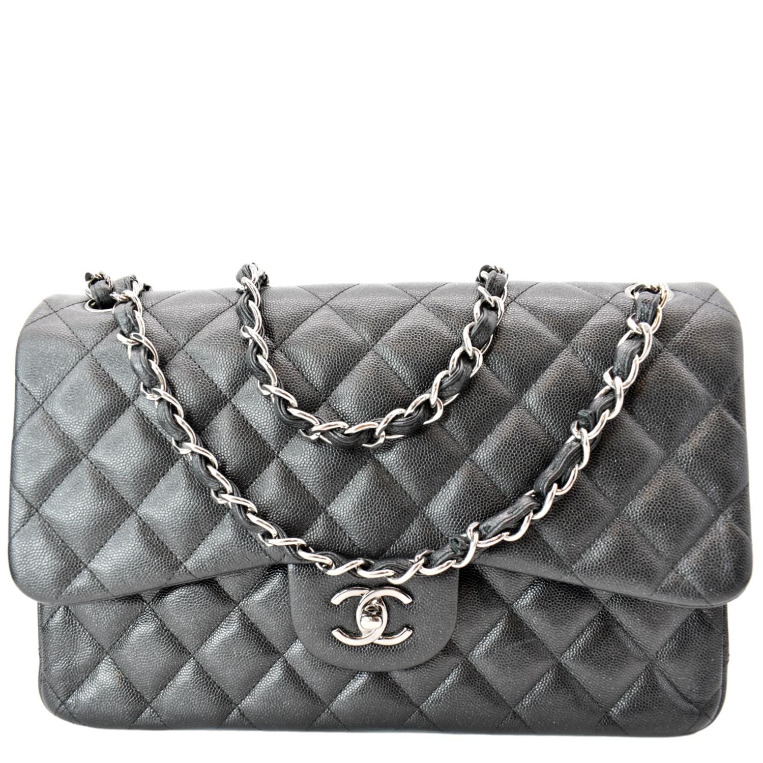 CHANEL Classic Double Flap Caviar Leather Shoulder Bag Black