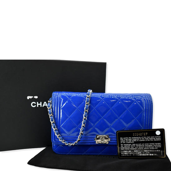 CHANEL Boy WOC Patent Leather Wallet On Chain Clutch Bag Blue