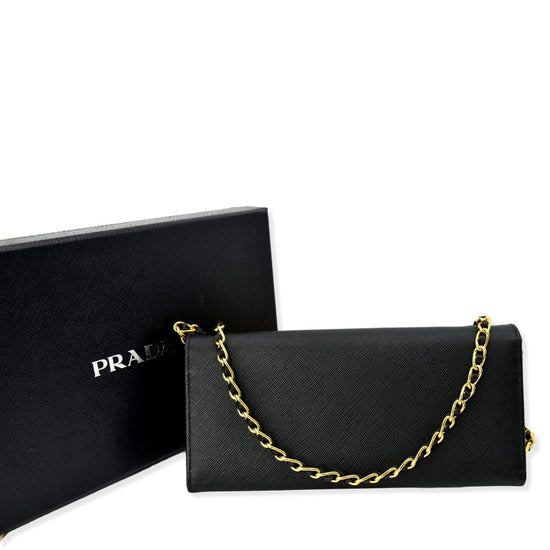 Prada Saffiano Leather Black wallet on chain with detachable