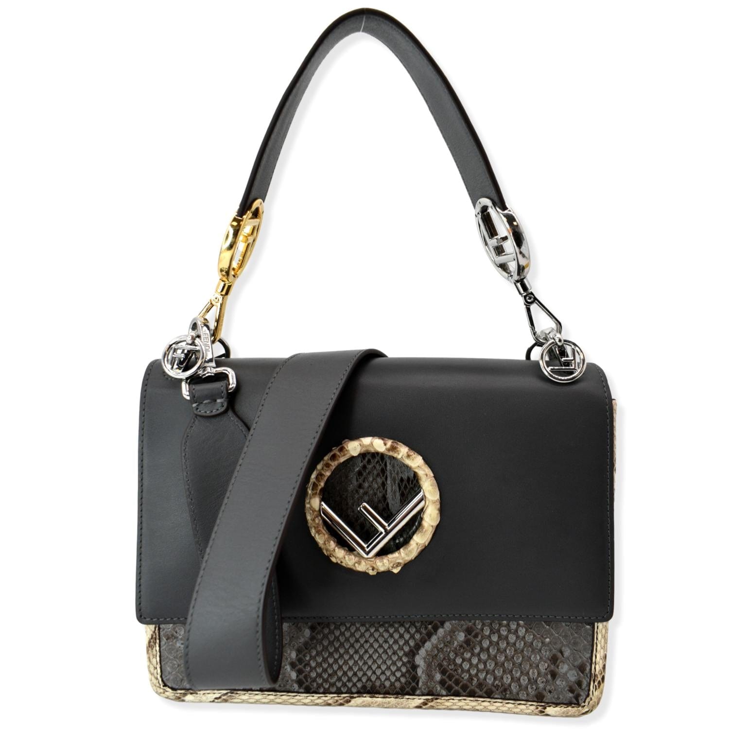 Fendi Kan I F Logo Python Leather Shoulder Bag Black