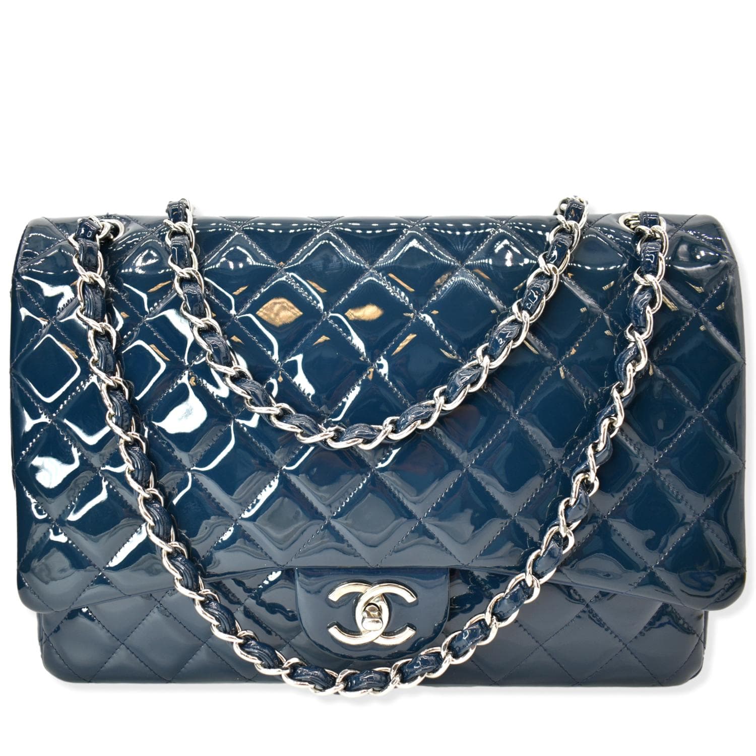 HealthdesignShops, Blue Quilted Patent Leather Classic Medium Double Flap  Bag