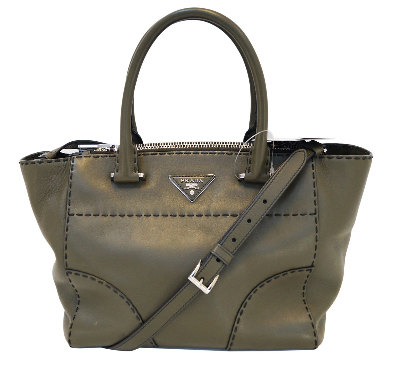 Large Topstitched Leather Tote Bag in Black - Prada