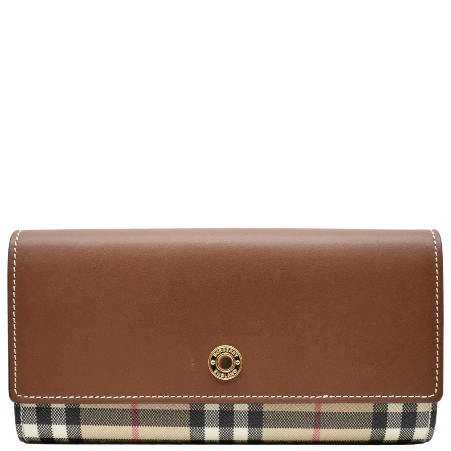 BURBERRY Continental Vintage Leather Check Wallet Brown