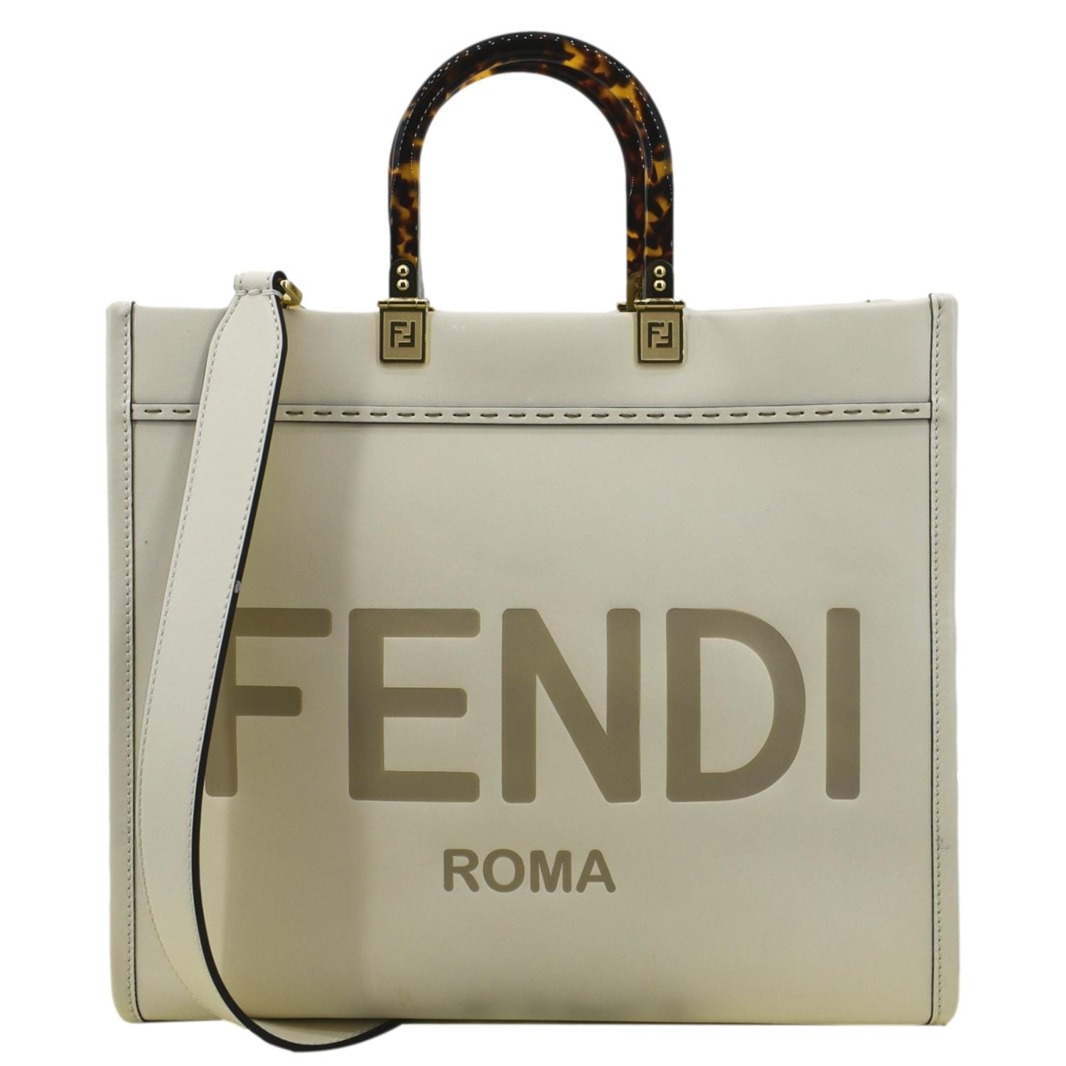 FENDI: leather shopping bag with big Roma logo - White