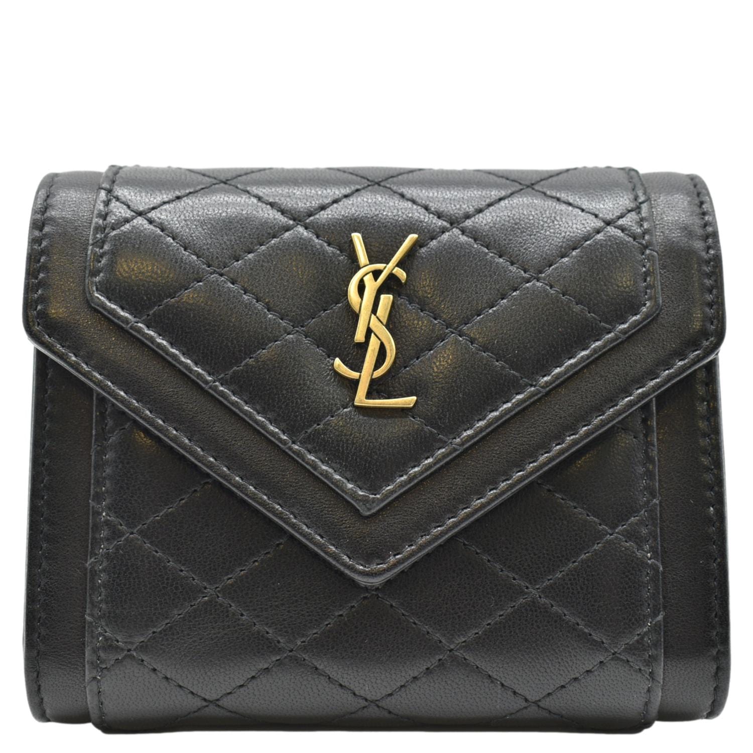 Yves Saint Laurent Gaby Compact Tri Fold Small Quilted Leather Wallet Black