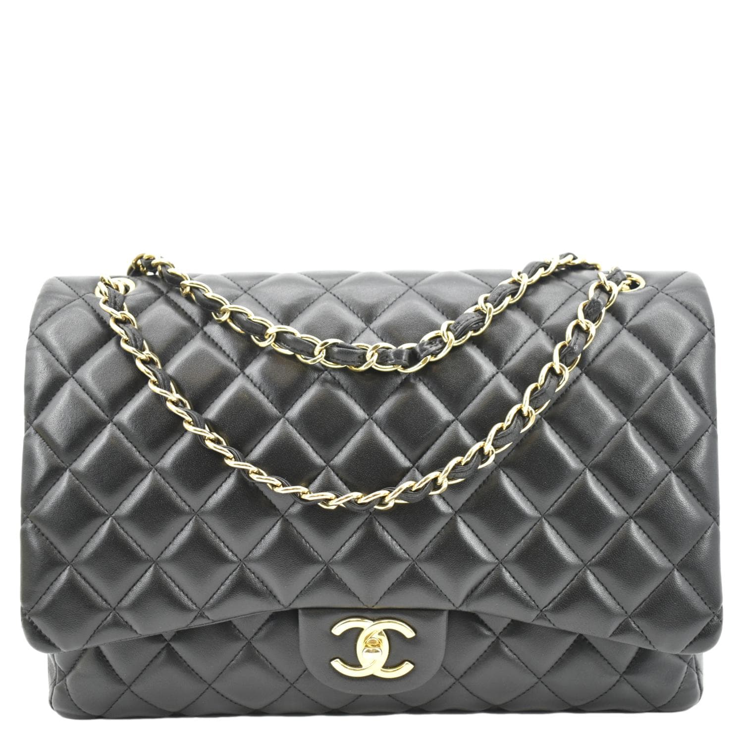 CHANEL Maxi Double Flap Lambskin Leather Shoulder Bag Black