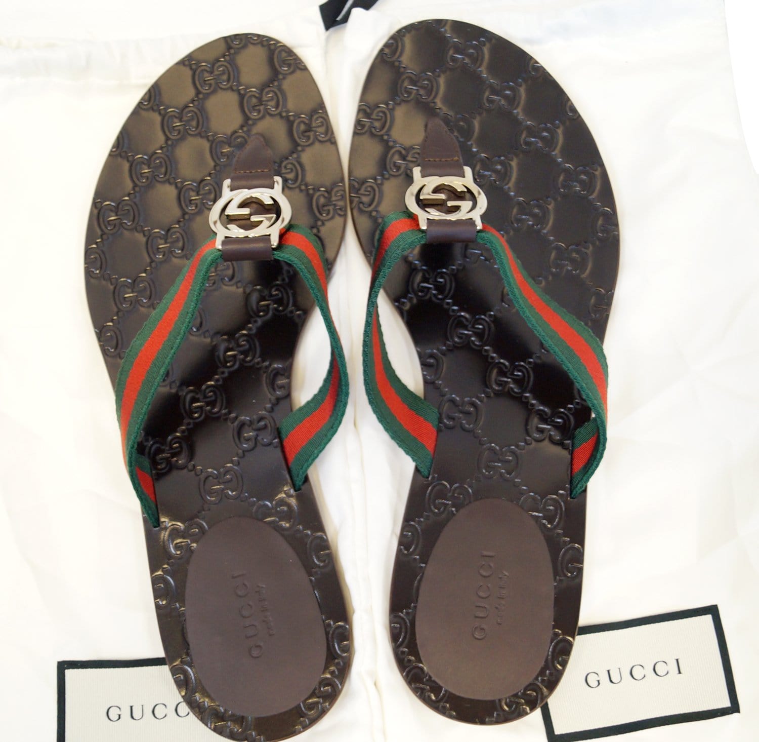 GUCCI Brown GG Thong Web Sandal Size 40.1/2 270374