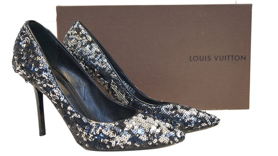 Louis Vuitton, Shoes, Louis Vuitton Liza Sequin Black Silver Pointy Toe  Pumps Noir Sz 37