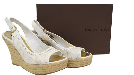 Louis Vuitton, Shoes, Louis Vuitton Monogram Denim Wedge Sandals Size 355