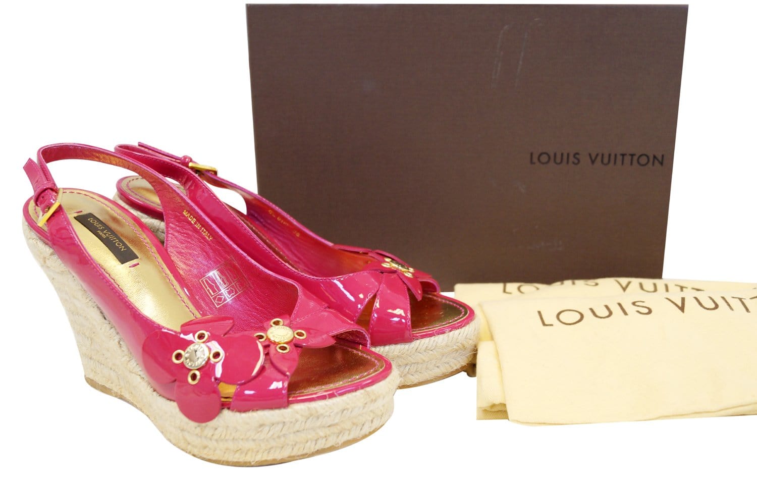 LOUIS VUITTON Patent Leather Floral Embellished Espadrille Wedges - Sa