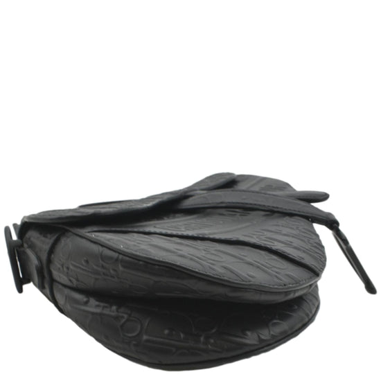 CHRISTIAN DIOR Calfskin Embossed Oblique Mini Saddle Bag Black 492394