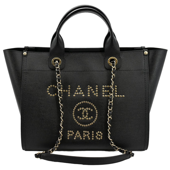 Chanel Medium Deauville Black caviar leather studded tote bag