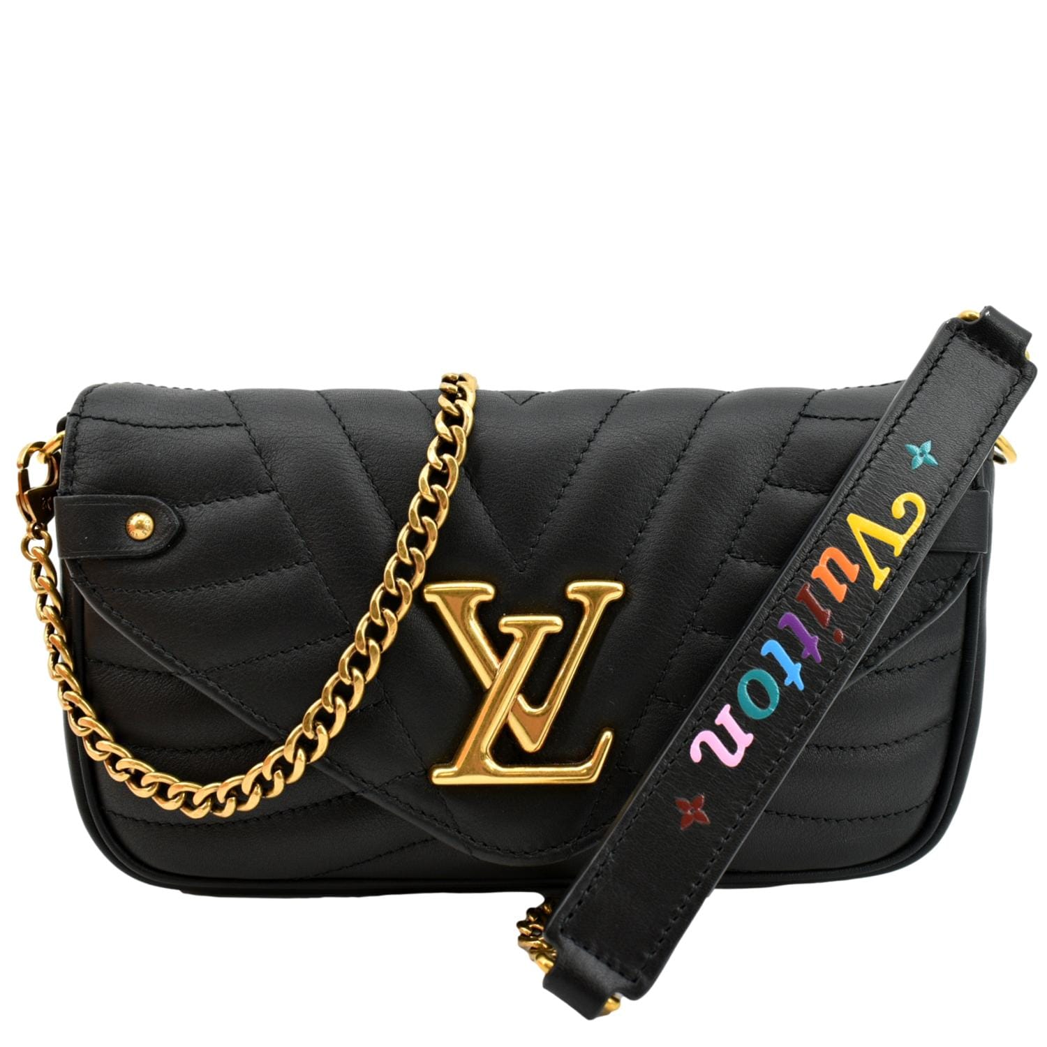 LOUIS VUITTON New Wave Leather Chain Pochette Crossbody Bag Black