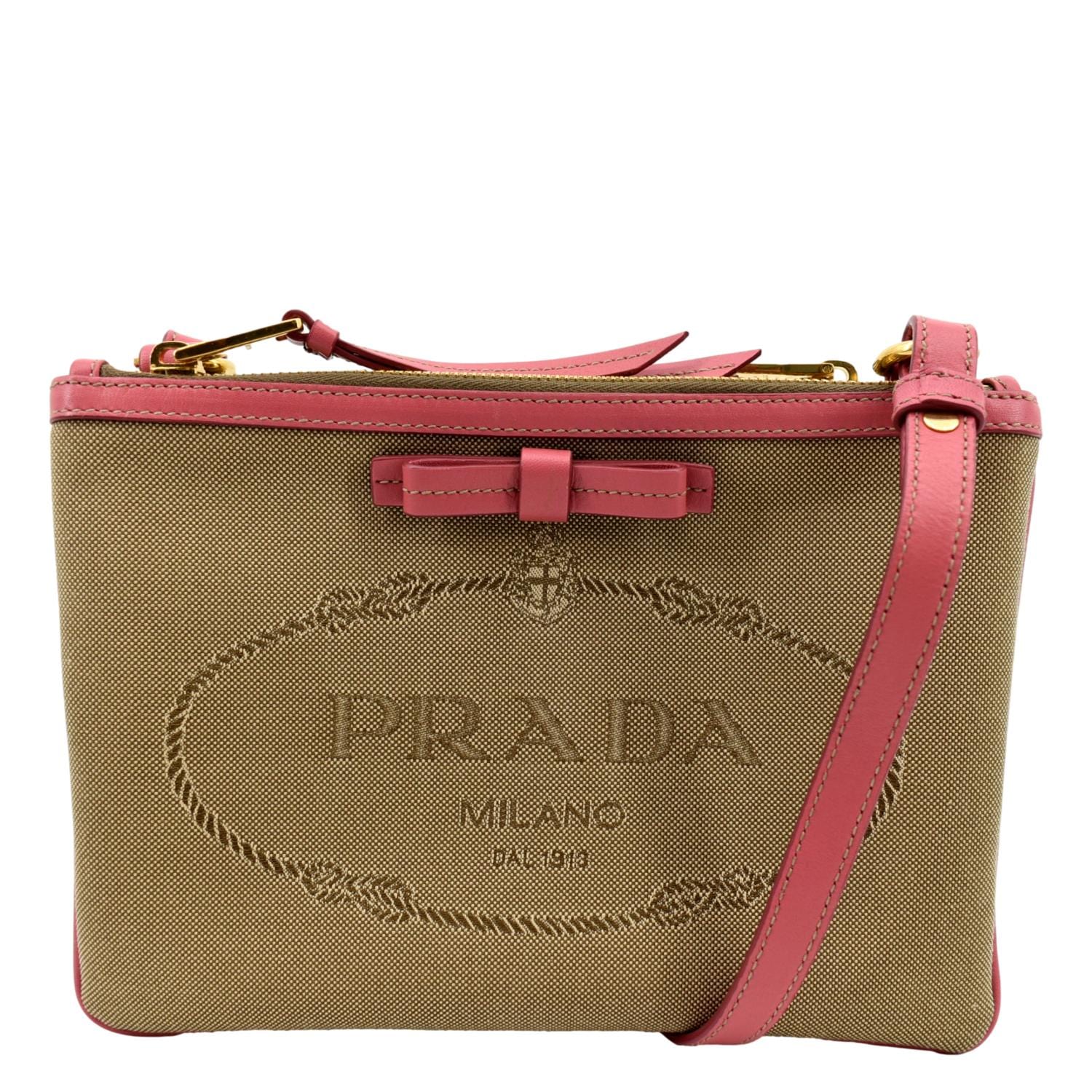 PRADA Brown Canvas Jacquard Logo Leather Crossbody Shoulder Bag With Dustbag