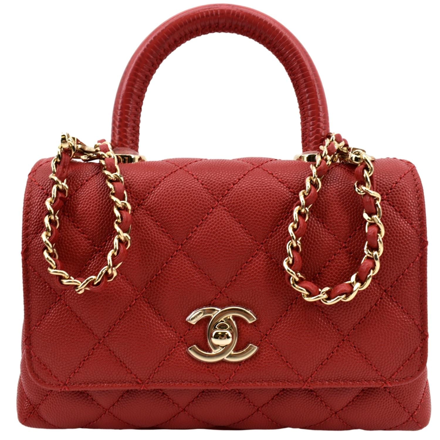CHANEL Coco Extra Mini Top Handle Caviar Leather Shoulder Bag Red - Ho