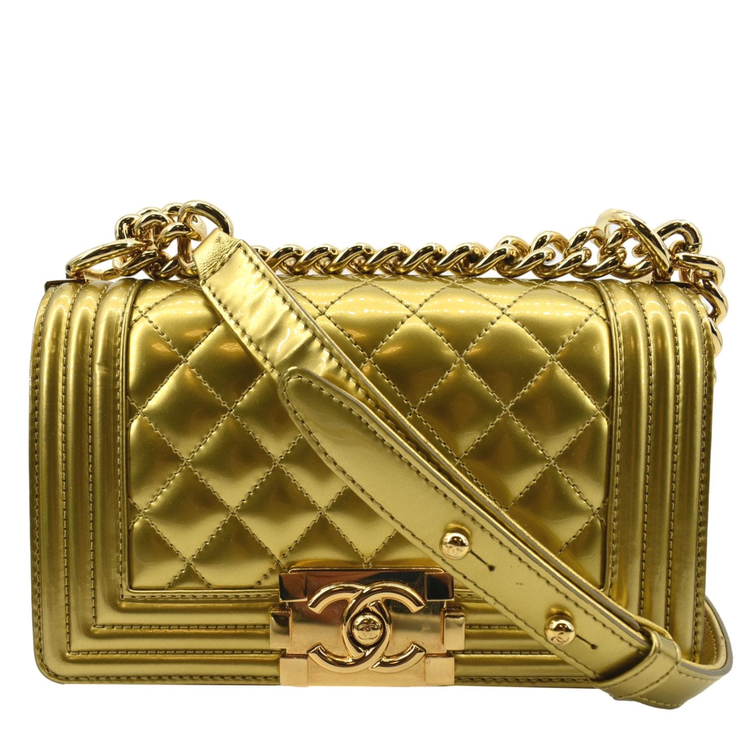 Boy Flap Quilted Patent Leather Crossbody Metallic Gold