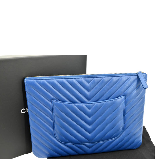 CHANEL O Case Chevron Leather Clutch Bag Blue