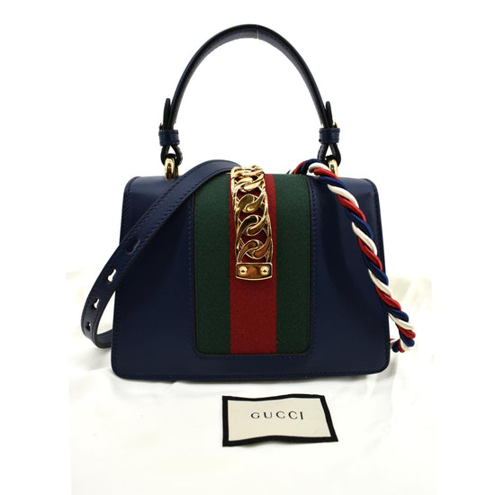 Gucci Sylvie Mini Leather Top Handle Crossbody Bag Blue