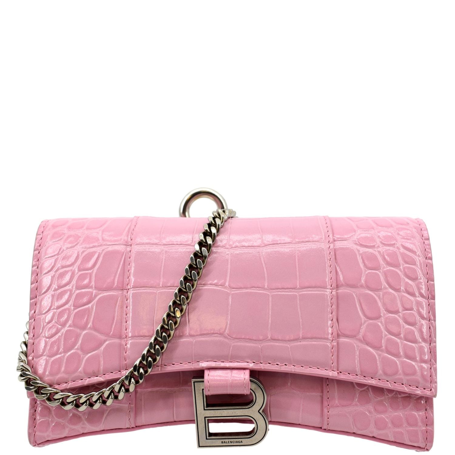 Balenciaga Hourglass Crocodile Embossed Chain Wallet Pink