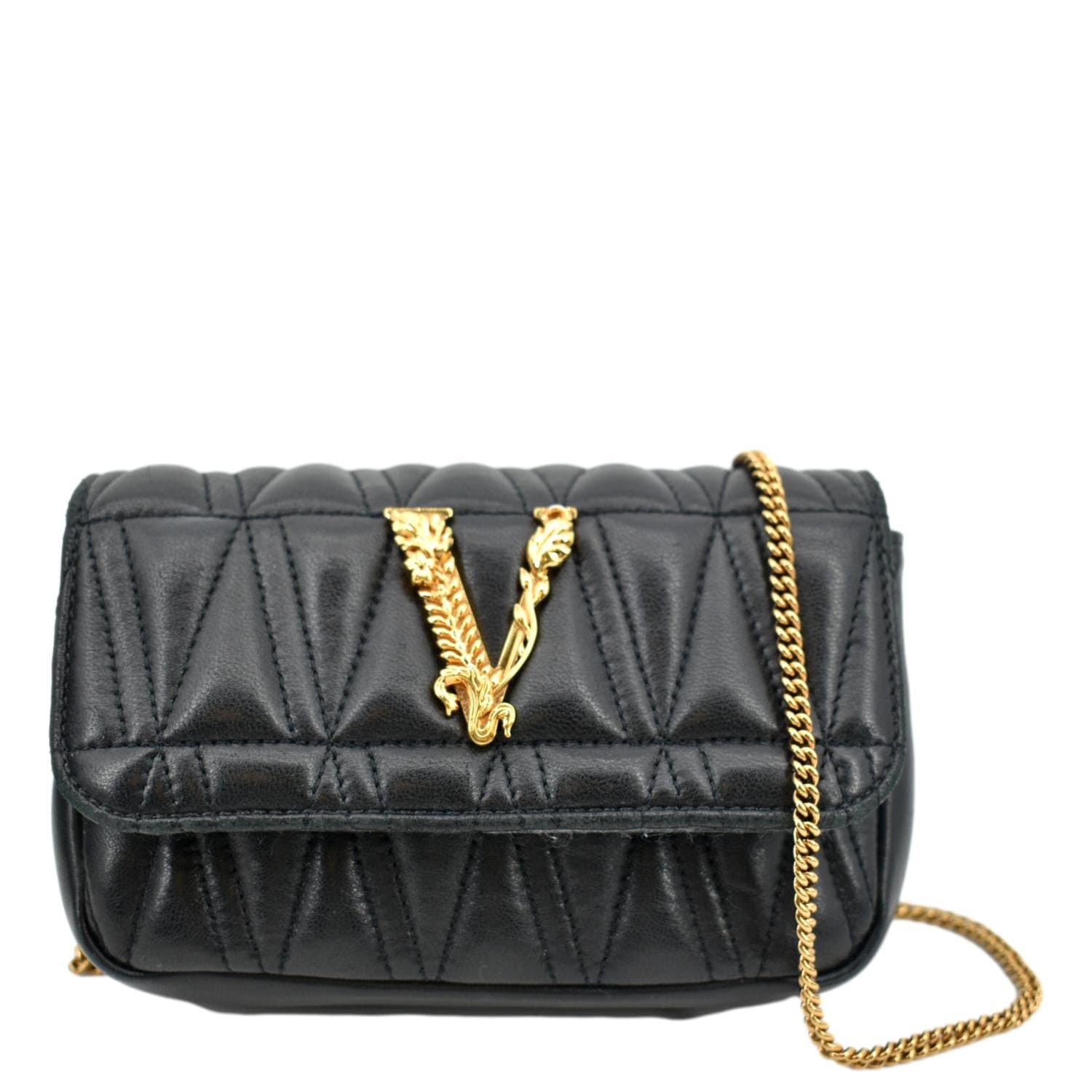 Virtus Small Leather Shoulder Bag in Black - Versace