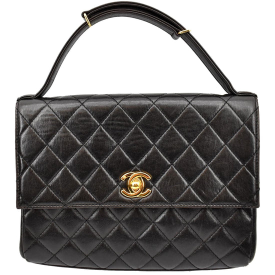 CHANEL Vintage Flap Quilted Leather Top Handle Bag Black