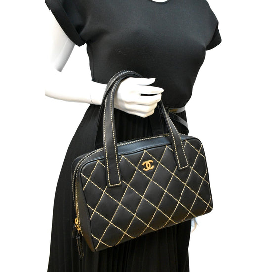 CHANEL Calf Skin Leather Wild Stitch Black Tote Bag Handbag #2450 Rise-on