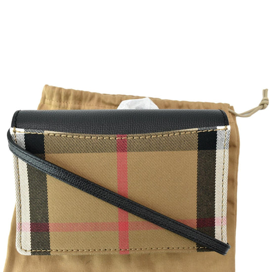 Burberry Hampshire Wallet on Chain Leather and House Check Canvas Navy Blue