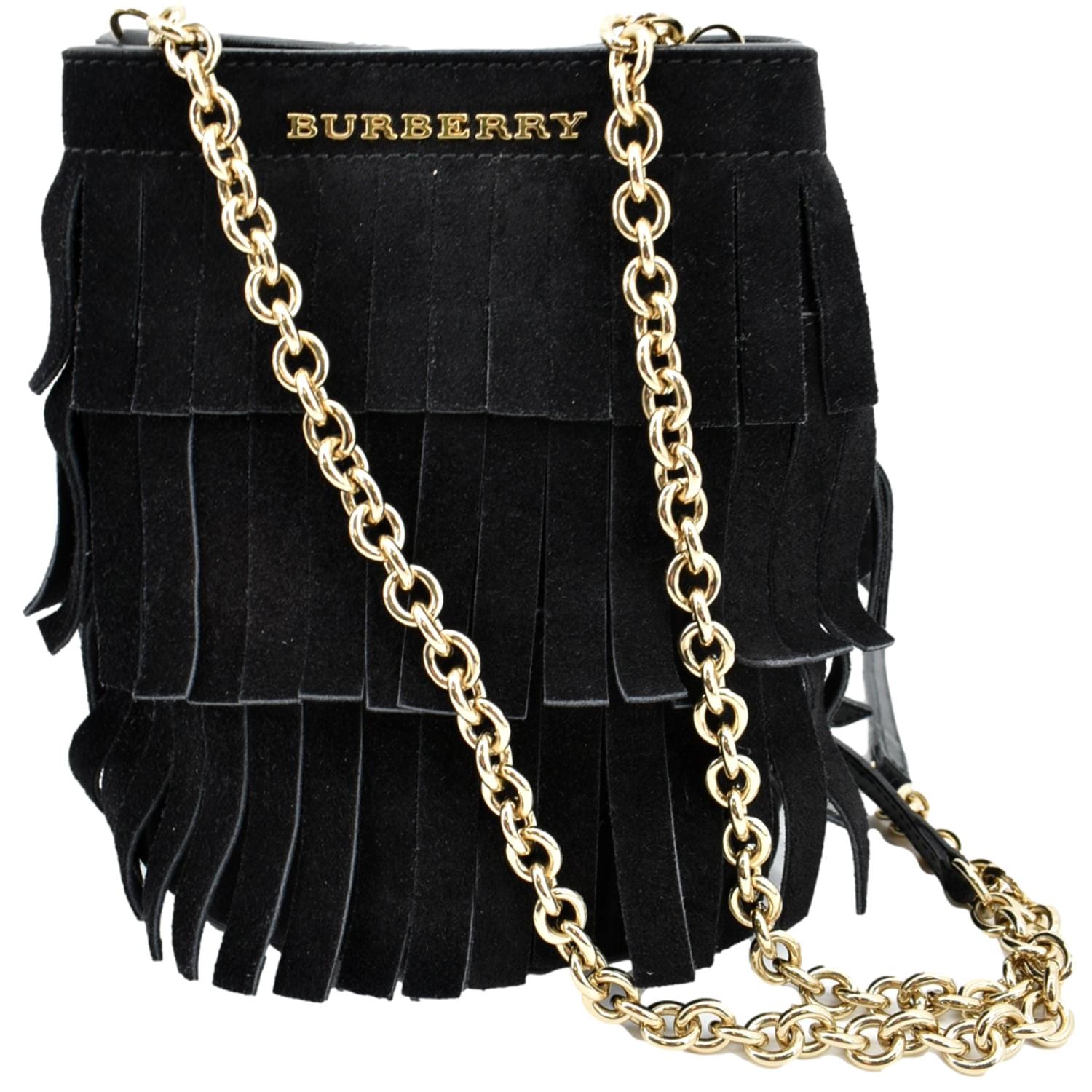 Burberry Mini Fringe Suede Crossbody Bucket Bag in Black